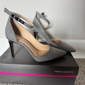 Vince Camuto Black & White Plaid Pointed-Toe Ankle-Strap Heels Marbella pump